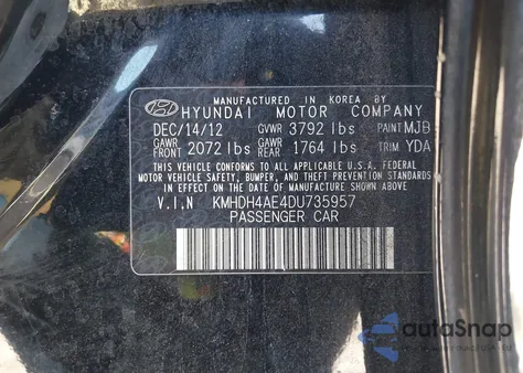 2013 Hyundai Elantra Gls z USA, uszkodzony, nr VIN KMHDH4AE4DU735957